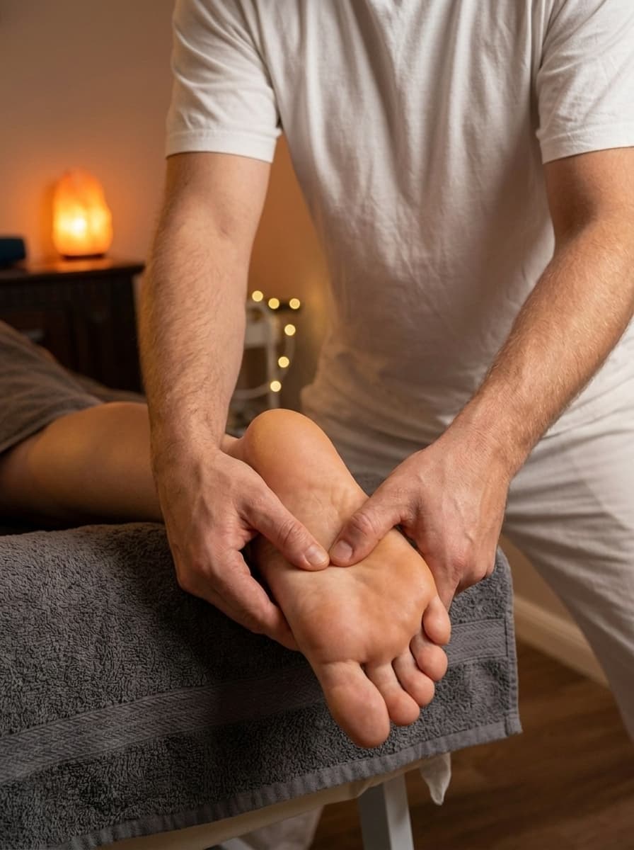 Fußreflexzonenmassage in warmer Wellness-Atmosphäre
